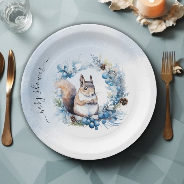 Assiettes En Carton Baby shower d'aquarelle d'hiver (Winter Squirrel Watercolor Baby Shower Paper Plates)