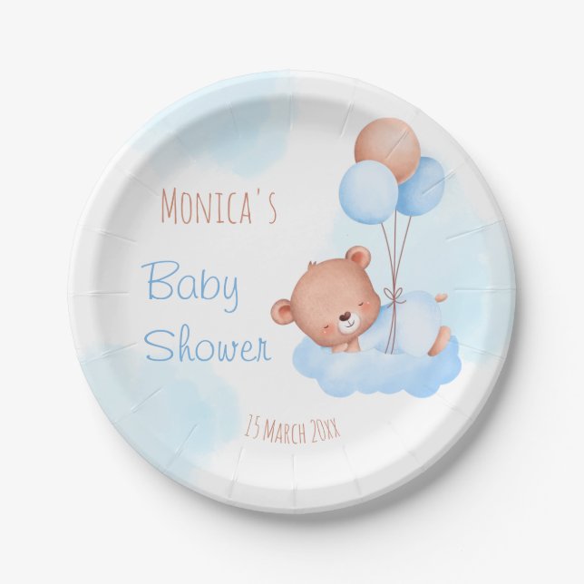 Assiettes En Carton Baby shower d'aquarelle d'ours bleu pastel (Devant)