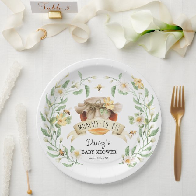 Assiettes En Carton Baby shower d'aquarelle élégant au miel d'abeille (Mariage)