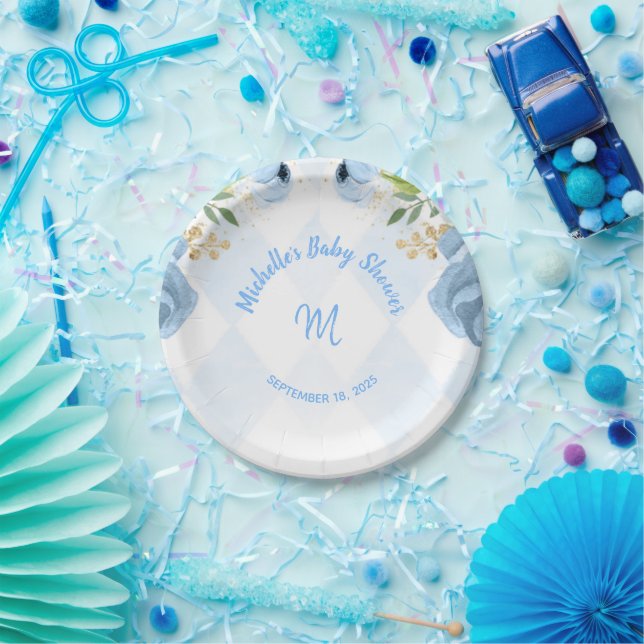 Assiettes En Carton Baby shower d'aquarelle Floral or bleu Monogramme (Fête)