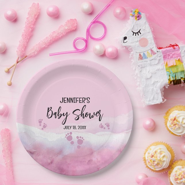 Assiettes En Carton Baby shower d'aquarelle rose Abstrait (Créateur téléchargé)