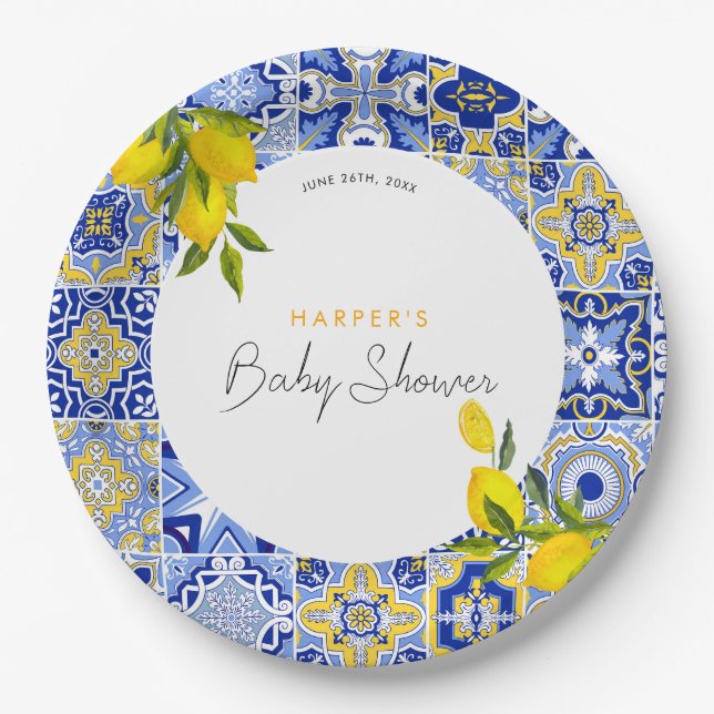 Assiettes En Carton Baby shower d'arche citron méditerranéen Boho (Devant)