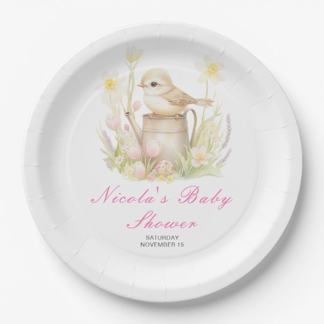 Assiettes En Carton Baby shower d'arrosage des oiseaux de printemps (Devant)