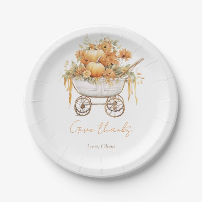 Assiettes En Carton Baby shower d'automne de transport Citrouille aqua (Devant)