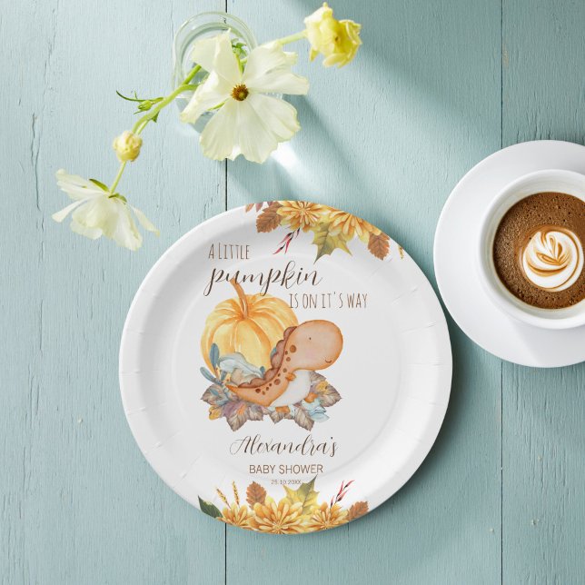 Assiettes En Carton Baby shower d'automne du petit dinosaure citrouill (Little pumpkin cute dinosaur fall baby shower personalized monogrammed paper plates table decor)