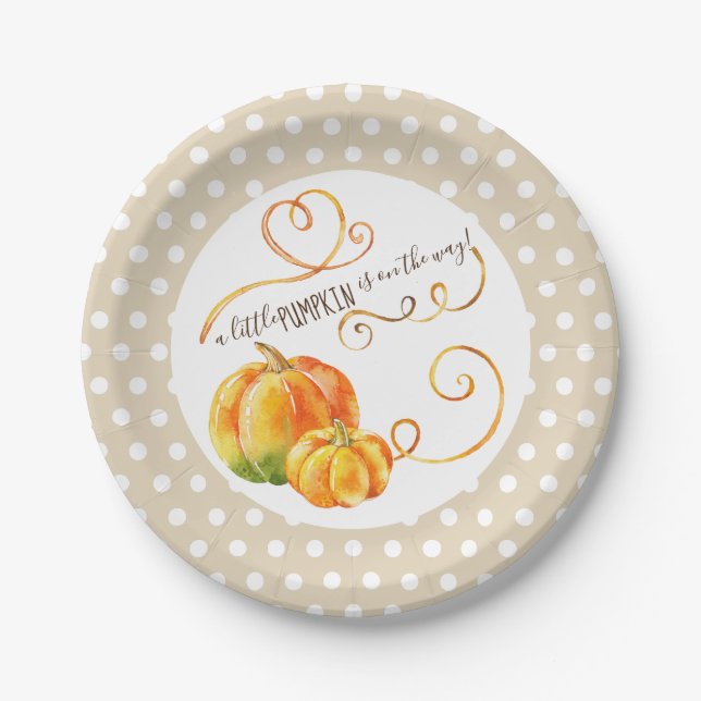 Assiettes En Carton Baby shower d'automne Polkadot Little Citrouille (Devant)