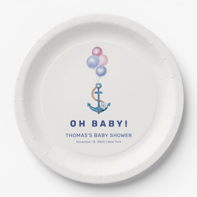 Assiettes En Carton Baby shower de ballon d'Ancres nautiques minimal B (Devant)