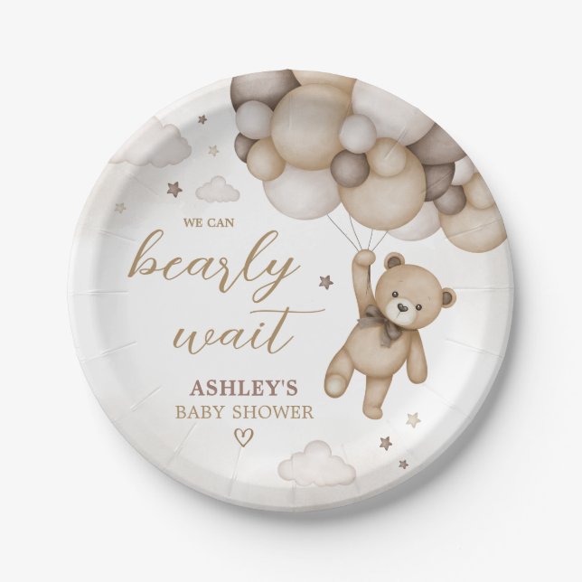 Assiettes En Carton Baby shower de ballon d'ours Brown (Devant)