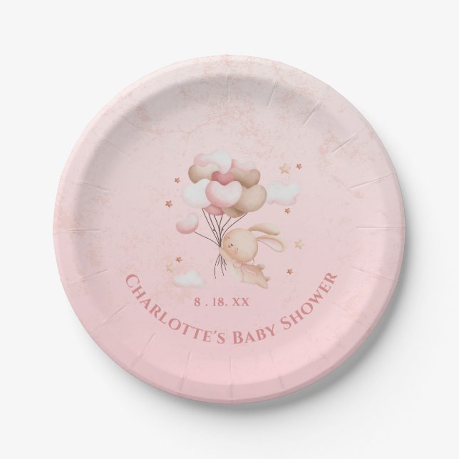 Assiettes En Carton Baby shower de ballons coeurs lapin rose (Devant)