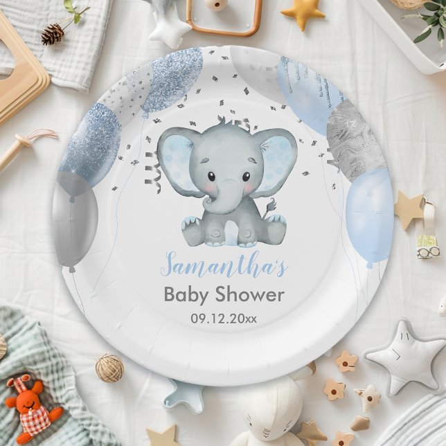 Assiettes En Carton Baby shower de Ballons éléphants mignons (Cute Elephant Boy Balloons Baby Shower Paper Plates)