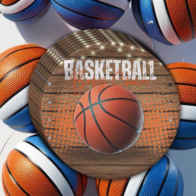 Assiettes En Carton Baby shower de basket-ball orange rustique (Créateur téléchargé)