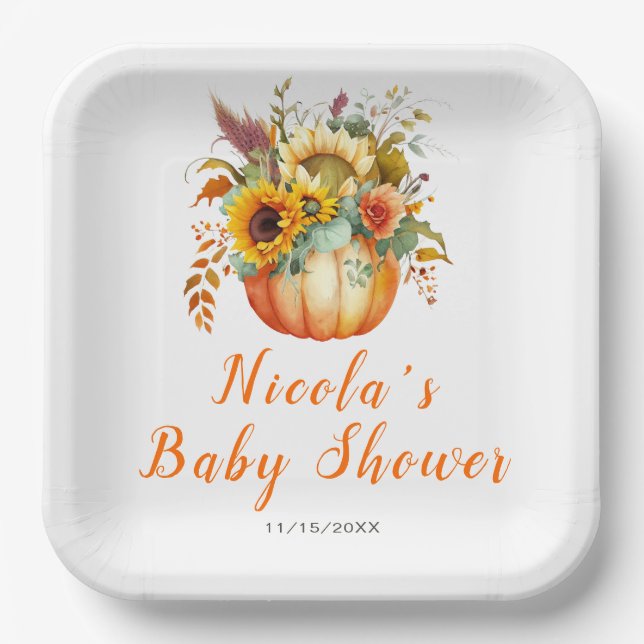 Assiettes En Carton Baby shower de bouquet de fleurs citrouilles (Recto)