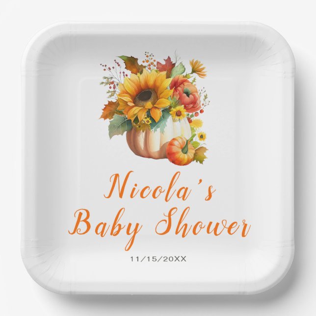 Assiettes En Carton Baby shower de bouquet de fleurs citrouilles (Recto)