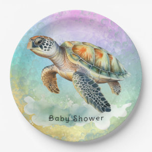 Assiettes En Carton Baby shower de bulles colorées de la tortue marine