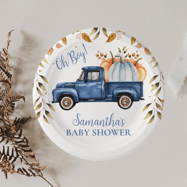 Assiettes En Carton Baby shower de camion Citrouille bleu (Editable Blue Little Pumpkin Truck Baby Shower Paper Plate, Fall Baby Shower Napkin Boy, )