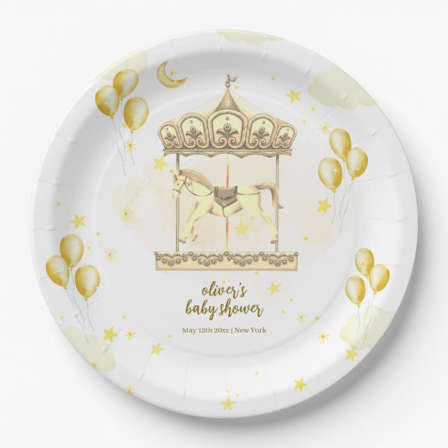 Assiettes En Carton Baby shower de carrousel magique Gold Elegant (Devant)