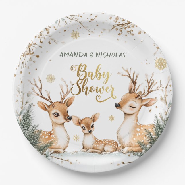 Assiettes En Carton Baby shower de cerfs d'hiver (Devant)