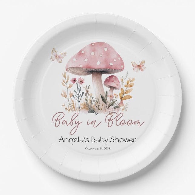 Assiettes En Carton Baby shower de champignons de bois rose (Devant)