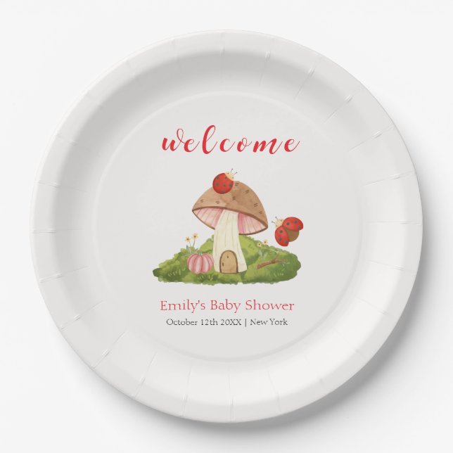 Assiettes En Carton Baby shower de champignons Woodland Ladybug Bienve (Devant)