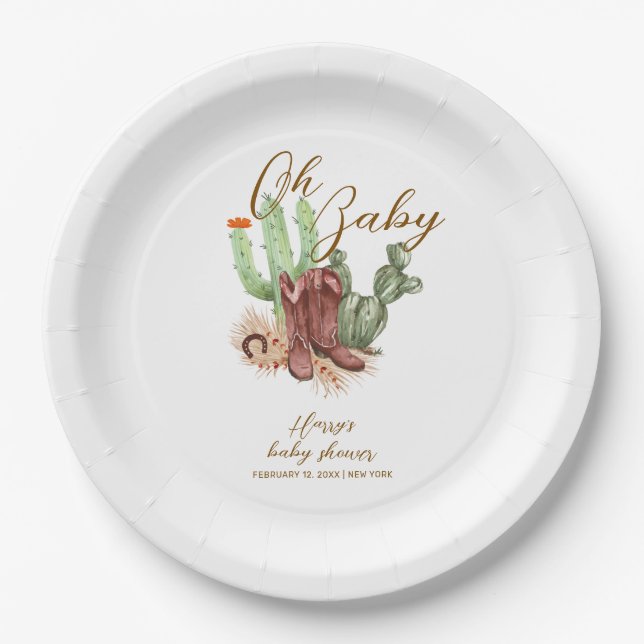 Assiettes En Carton Baby shower de chaussures Boho Cactus Cowboy moder (Devant)