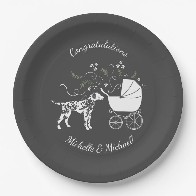 Assiettes En Carton Baby shower de Chien Dalmatien gris chiot (Devant)