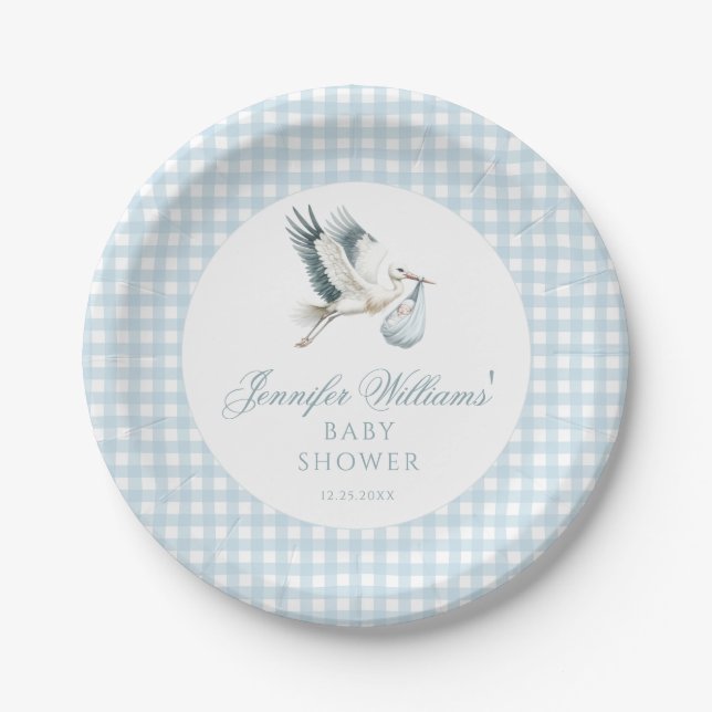 Assiettes En Carton Baby shower de cigogne bleu En vichy Plaques en pa (Devant)