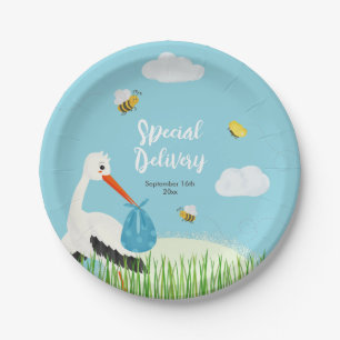 Assiettes En Carton Baby shower de cigogne bleue mignonne
