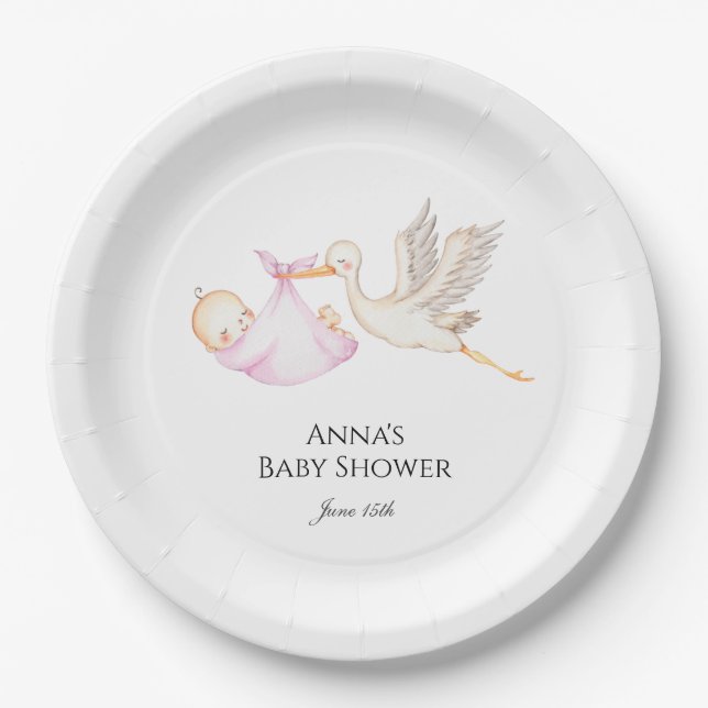 Assiettes En Carton Baby shower de cigogne rose bébé fille (Devant)