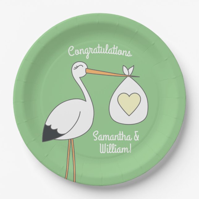 Assiettes En Carton Baby shower de cigogne vert (Devant)