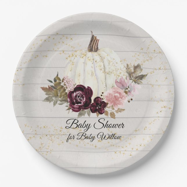 Assiettes En Carton Baby shower de Citrouille de Bourgogne Floral Or B (Devant)
