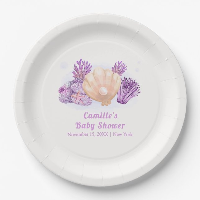 Assiettes En Carton Baby shower de coquillage de perles violet Retro (Devant)