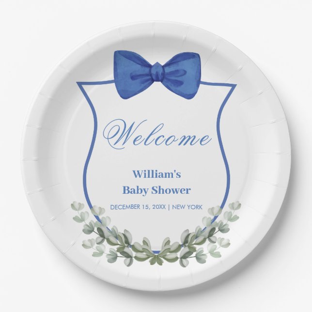 Assiettes En Carton Baby shower de crête bleu Bow Eucalyptus Bienvenue (Devant)