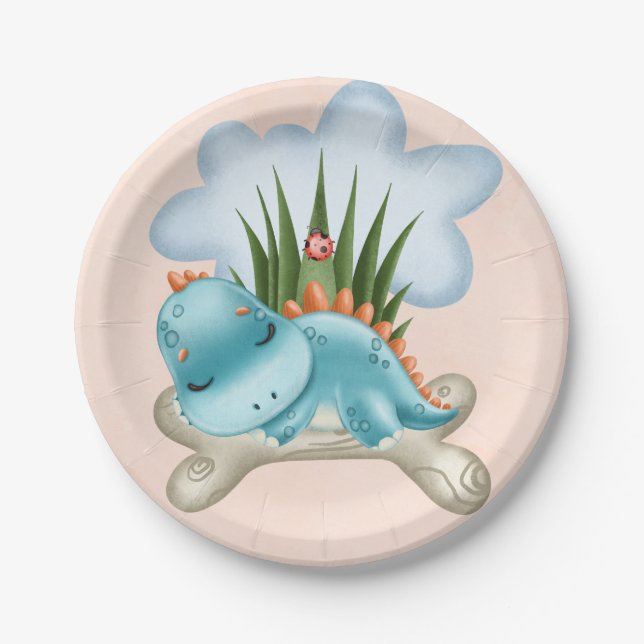 Assiettes En Carton Baby shower de dinosaure orange Turquoise (Devant)