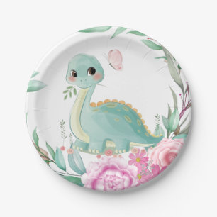 Assiettes En Carton Baby shower de dinosaures mignonnes et de pivoines