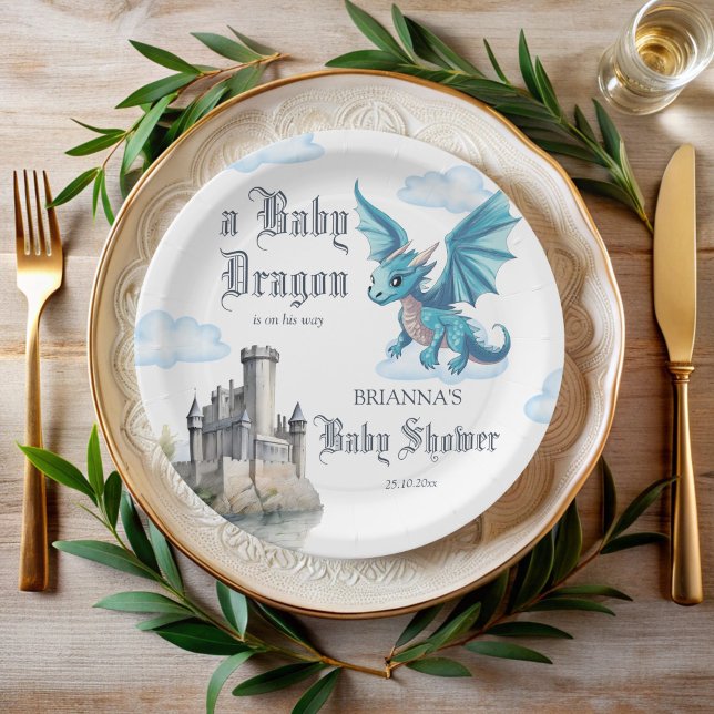 Assiettes En Carton Baby shower de dragon bleu médiéval customisé (Medieval cute blue baby dragon baby shower customized paper plates personalized table decor)