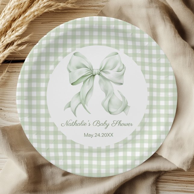Assiettes En Carton Baby shower de En vichy Sage Green Bow (Créateur téléchargé)