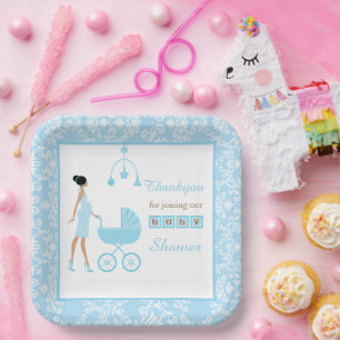 Assiettes En Carton Baby shower de femme afro-américaine Blue Damask