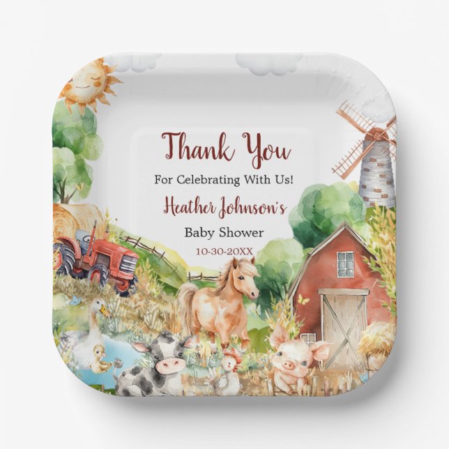 Assiettes En Carton Baby shower de ferme à aquarelle mignonne (Recto)