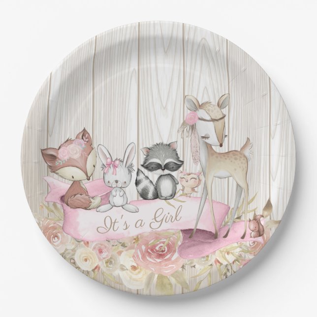 Assiettes En Carton Baby shower de fille animal de bois doux (Devant)