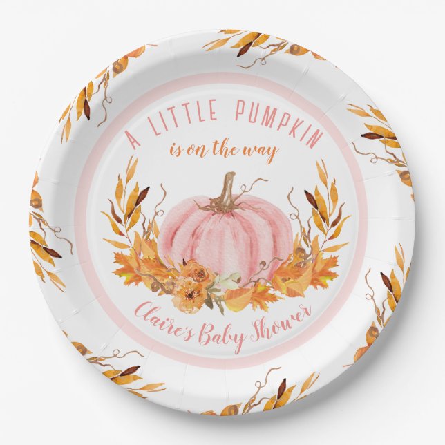 Assiettes En Carton Baby shower de fille Citrouille rose automne (Devant)