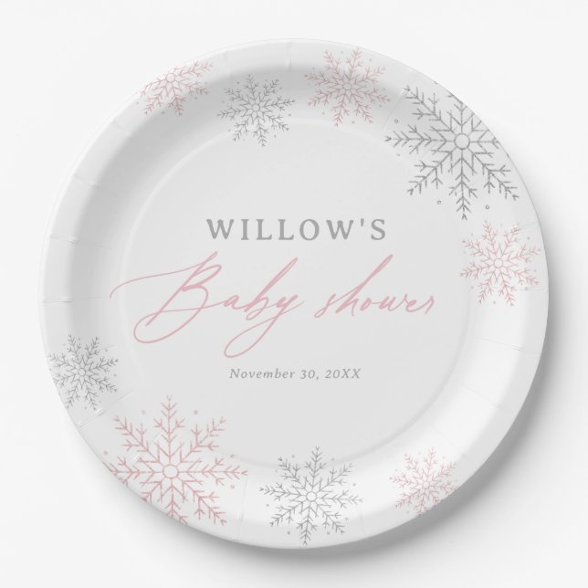 Assiettes En Carton Baby shower de fille de flocon de neige rose (Devant)