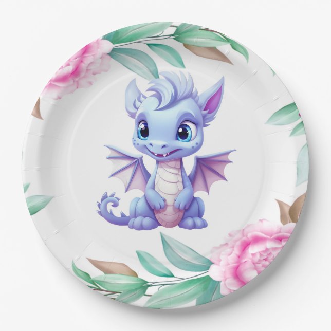Assiettes En Carton Baby shower de fille de pivoine de dragon violet e (Devant)