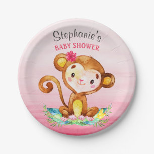 Assiettes En Carton Baby shower de fille de singe d'aquarelle