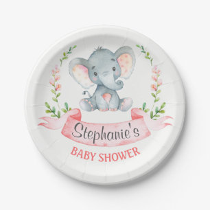 Assiettes En Carton Baby shower de fille d'éléphant d'aquarelle