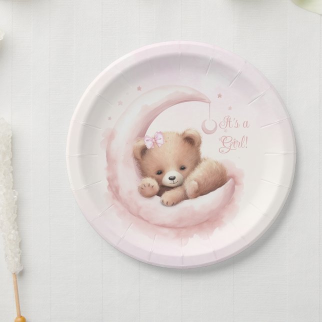 Assiettes En Carton Baby shower de fille d'ours rose pâle (Personalize with your text.)