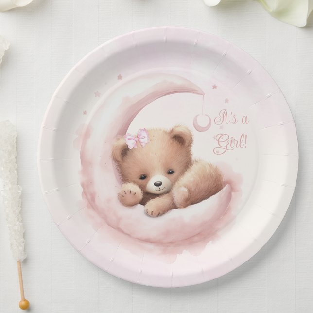 Assiettes En Carton Baby shower de fille d'ours rose pâle (You can personalize with your text.)