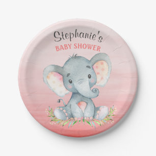 Assiettes En Carton Baby shower de fille Eléphant Aquarelle