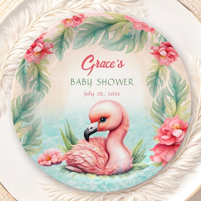 Assiettes En Carton Baby shower de fille Flamant rose rose d'été tropi (Tropical Summer Pink Flamingo Girl Baby Shower Paper Plates)