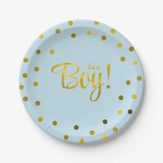 Assiettes En Carton Baby shower de fille Foil Bleu et Faux Gold (Devant)