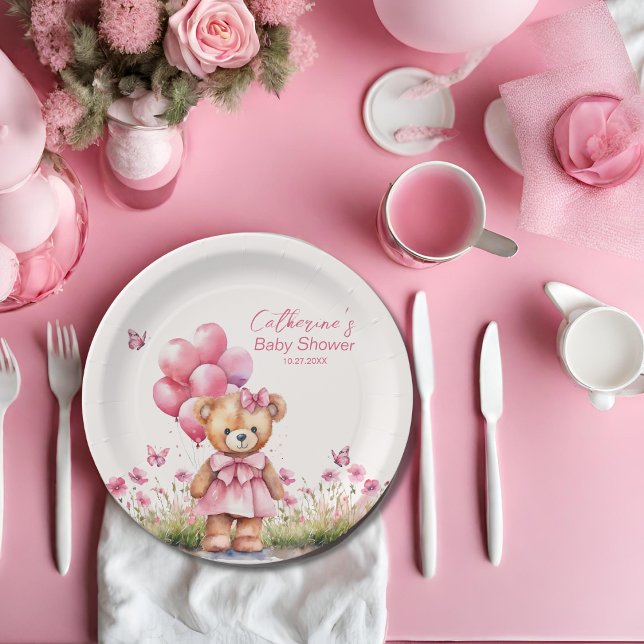 Assiettes En Carton Baby shower de fille papillon rose de l'ours en pe (Créateur téléchargé)